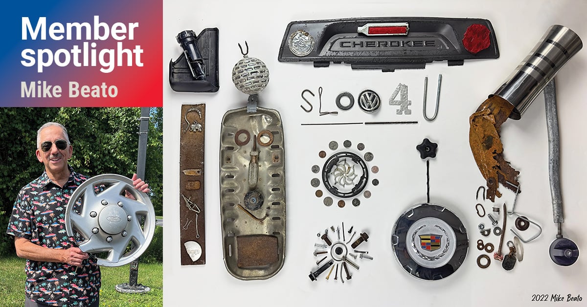 Mike Beato collects items from the road and makes art